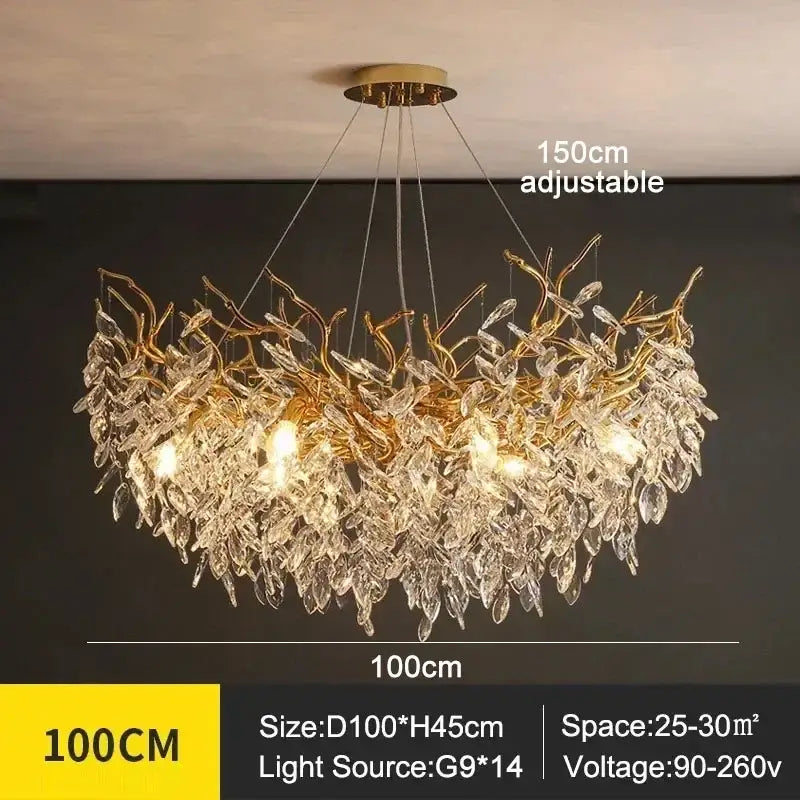 Decorbites modern crystal ceiling chandelier with adjustable golden metal frame and cascading clear crystal leaves for living room