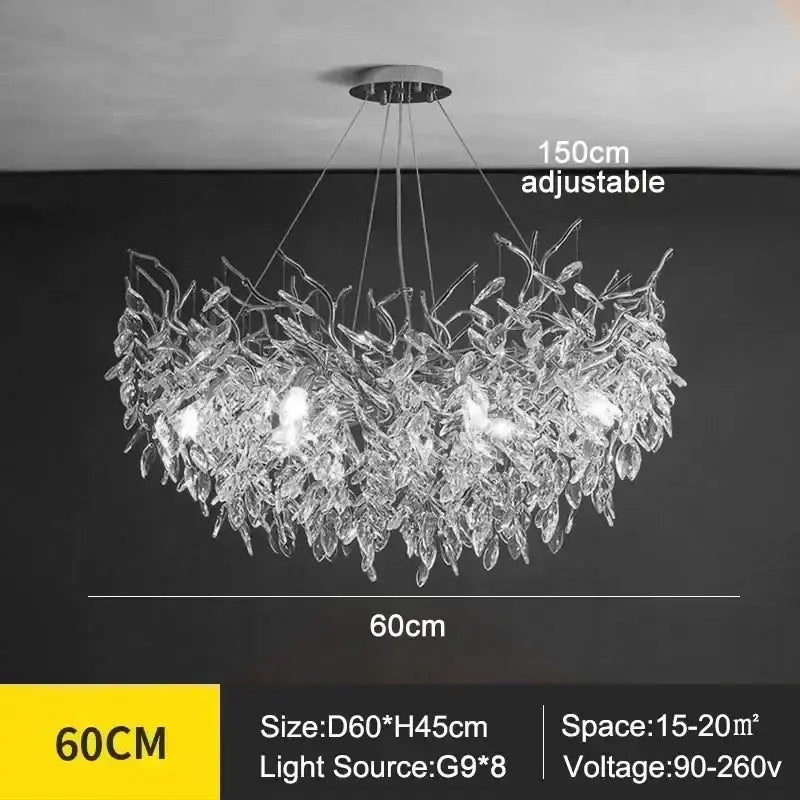DecorBites™ modern crystal ceiling chandelier with leaf design and eight g9 LED lights for living room use