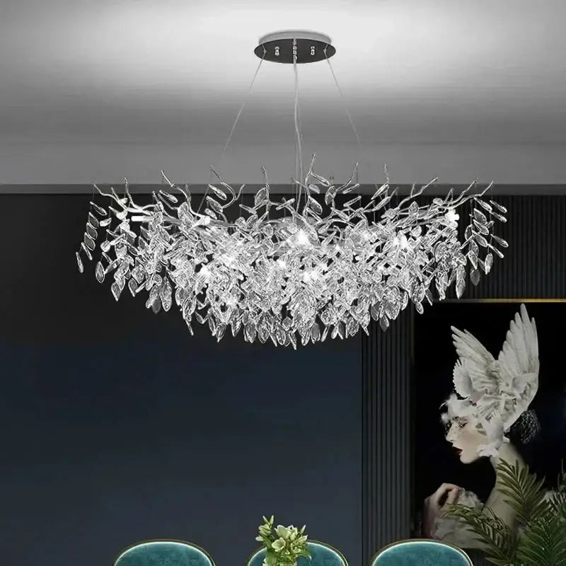 DecorBites™ modern crystal ceiling chandelier with clear glass leaves and LED lighting for living room use