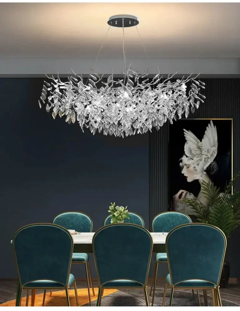 DecorBites™ modern crystal ceiling chandelier with LED lighting features clear glass leaves and chrome mount for living room