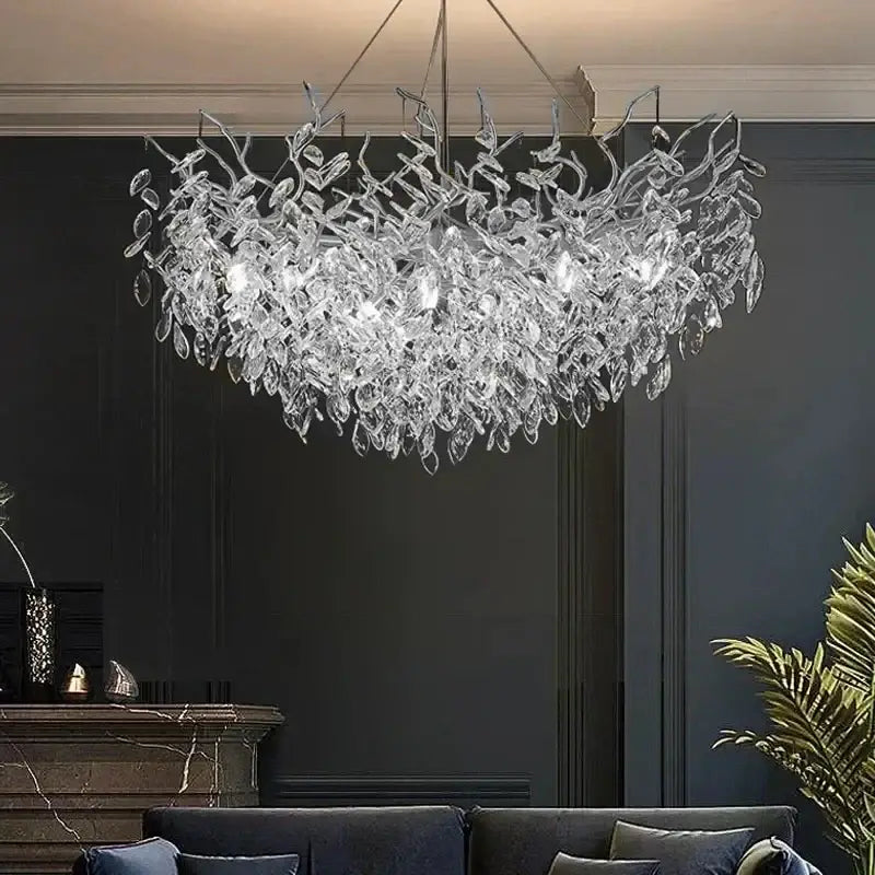 DecorBites™ modern crystal ceiling chandelier with intricate leaf-like design and LED lighting for living room use