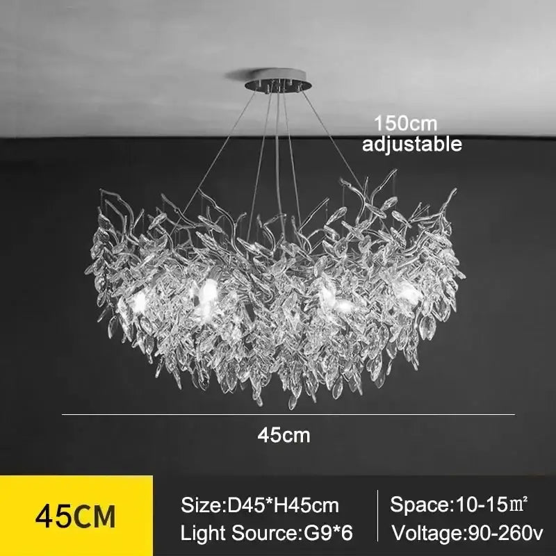 Decorbites modern crystal ceiling chandelier with leafy design six g9 lights 45cm diameter for living room