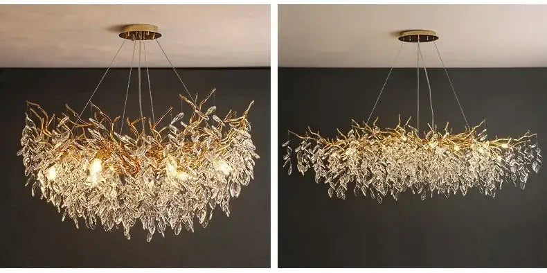 Gold-toned decorbites™ modern crystal ceiling chandelier with intricate crystal leaf droplets for living room lighting
