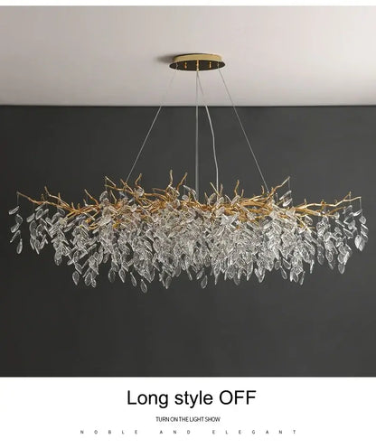 DecorBites™ modern crystal ceiling chandelier with gold tone branch structure and clear crystal leaves for living room