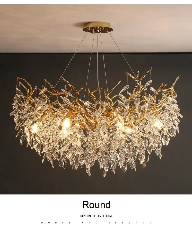DecorBites™ modern crystal ceiling chandelier in gold tone with intricate leaf design and clear crystal droplets for living room
