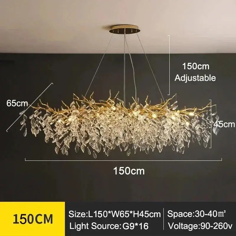 Gold-toned DecorBites™ modern crystal ceiling chandelier with cascading crystal leaves for contemporary living rooms