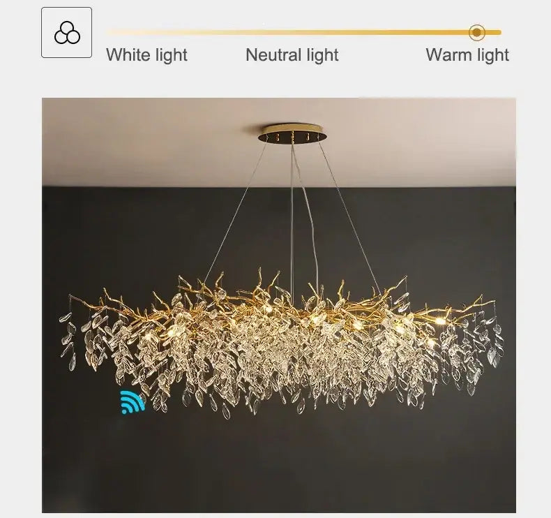 Gold-toned DecorBites™ modern crystal ceiling chandelier with intricate branch metalwork and LED lighting for living room