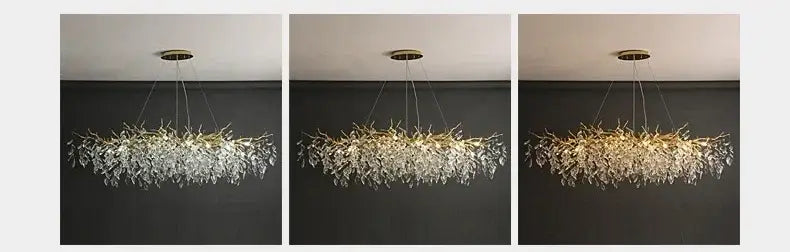 Gold-toned modern crystal ceiling chandelier with cascading droplets and LED lighting ideal for living room decor