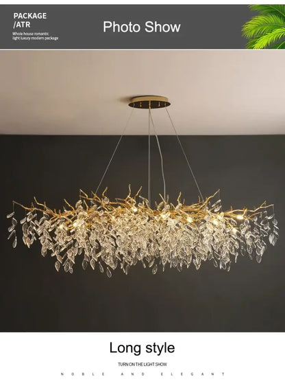 Gold-toned decorbites modern crystal ceiling chandelier with intricate branches and dangling crystal teardrops for living room