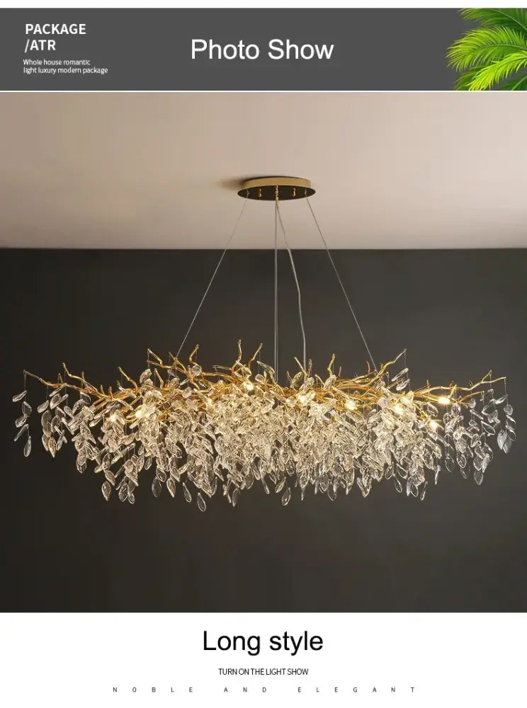 Gold-toned decorbites modern crystal ceiling chandelier with intricate branches and dangling crystal teardrops for living room