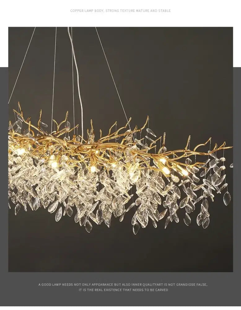 DecorBites modern crystal ceiling chandelier with gold-toned copper branches and cascading clear crystal leaves for living room
