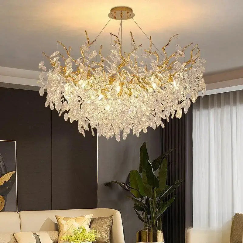 DecorBites™ modern crystal ceiling chandelier with gold finish and leaf-shaped crystal droplets for living room use