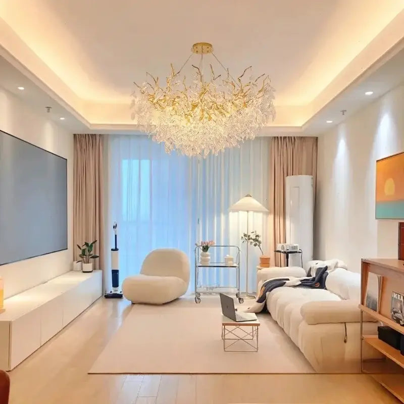 Decorbites™ modern crystal ceiling chandelier in gold with branch design and crystal droplets for living room lighting
