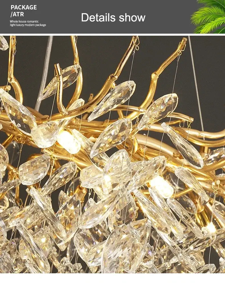 DecorBites modern crystal ceiling chandelier with golden branch design and clear crystal droplets for living room lighting