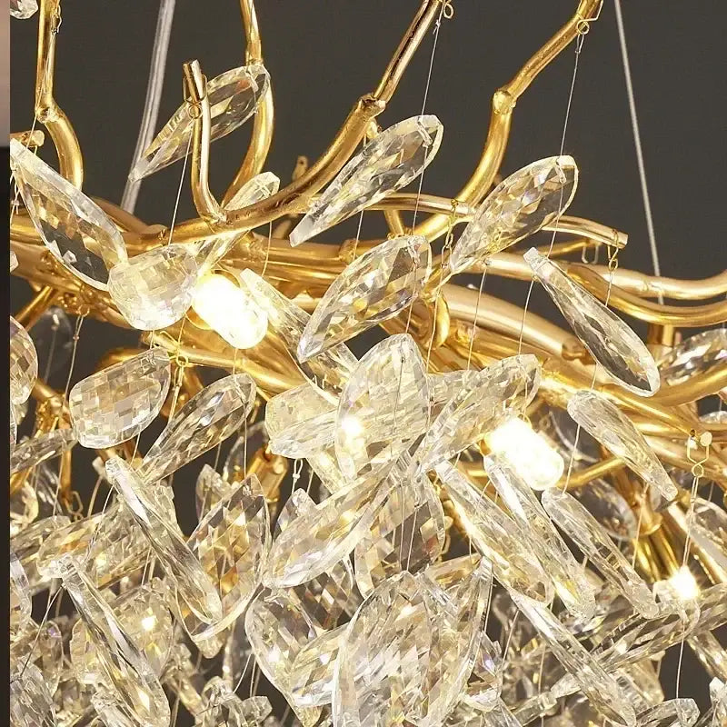 Golden branch-style modern crystal ceiling chandelier with clear faceted crystal teardrop pendants for living room lighting