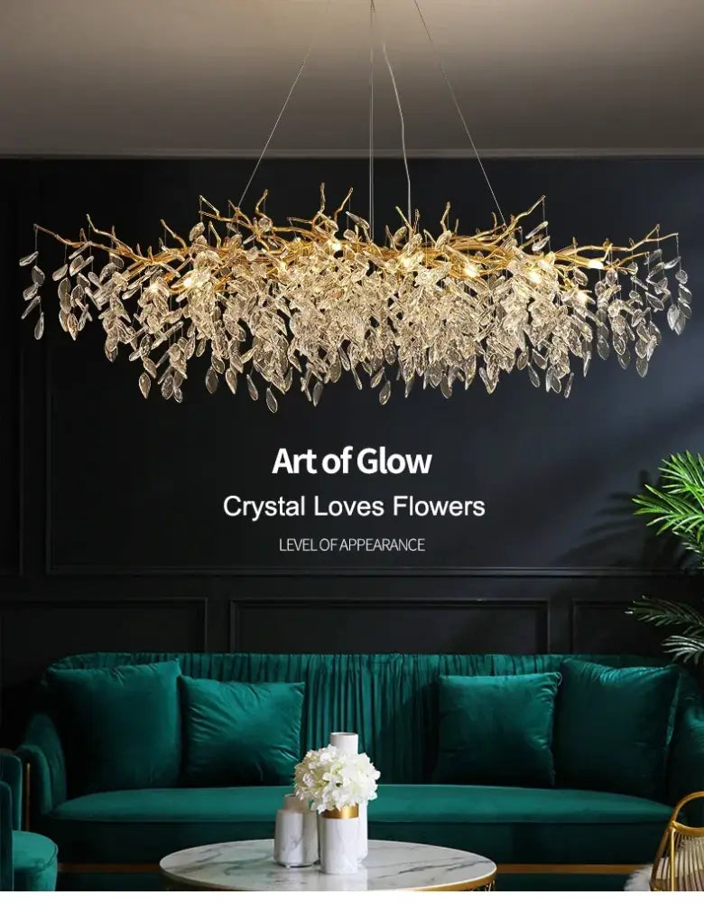 DecorBites modern crystal ceiling chandelier with golden branch design and LED lighting for living room decor