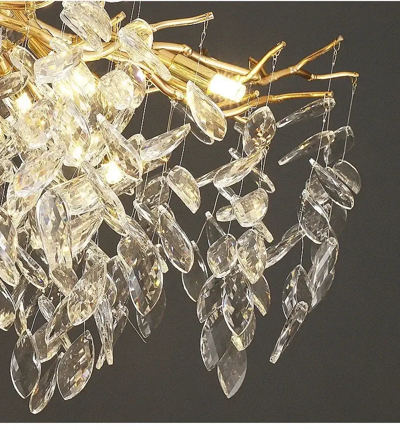 Modern crystal ceiling chandelier with golden branch design and cascading clear crystal leaves for living room decor