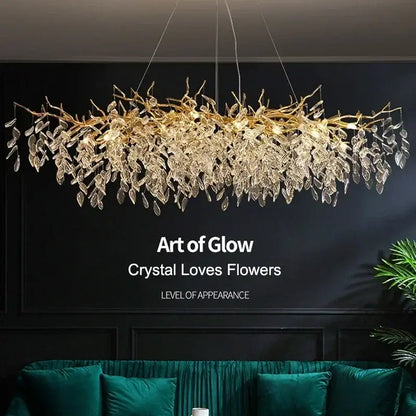 Decorbites modern crystal ceiling chandelier with golden branch design and cascading clear crystal leaves for living room