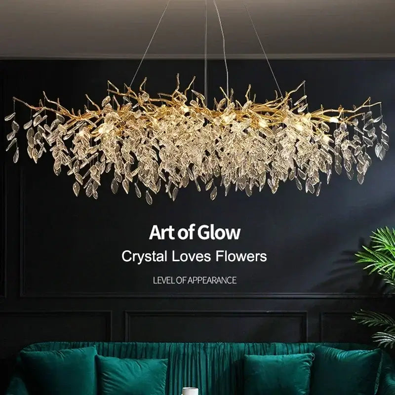Decorbites modern crystal ceiling chandelier with golden branch design and cascading clear crystal leaves for living room