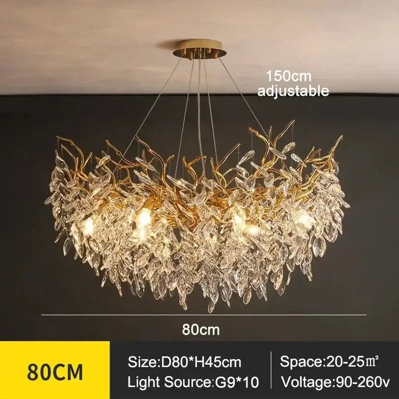 DecorBites™ modern crystal ceiling chandelier gold leaf design with clear crystal droplets for living room lighting