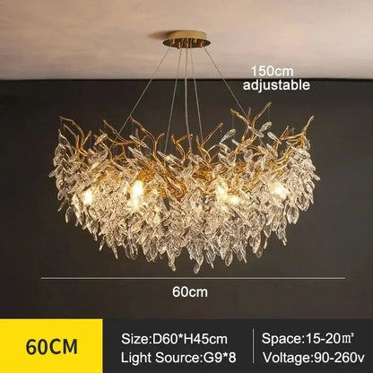 DecorBites™ modern crystal ceiling chandelier with golden leaf design and clear crystal droplets for living room lighting