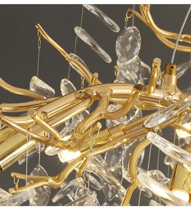 Decorbites modern crystal ceiling chandelier with golden tree branch design and clear crystal droplets for living room