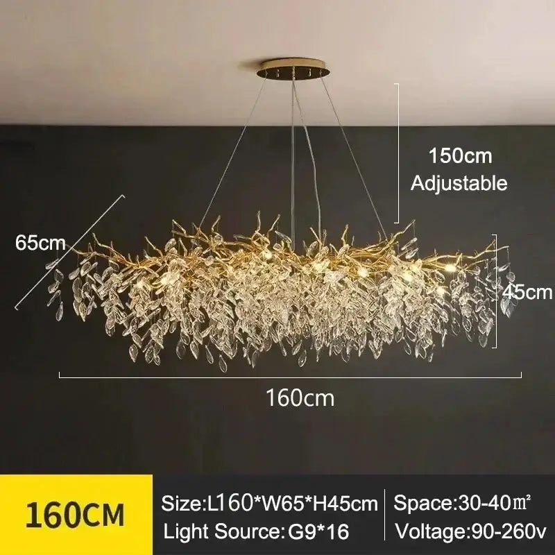 DecorBites™ modern crystal ceiling chandelier with gold-toned crystal leaves for stylish living room interiors