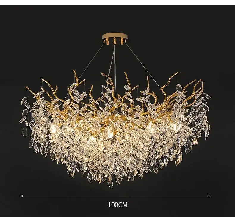 DecorBites modern crystal ceiling chandelier in gold tone with crystal leaf and branch design for living room use
