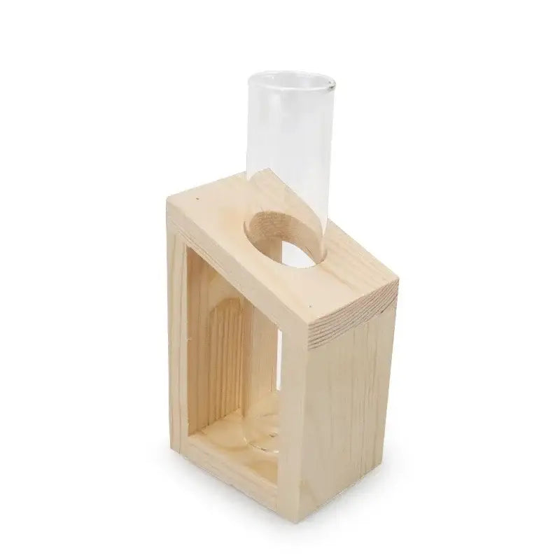 DecorBites™ modern crystal glass test tube vase with clear glass test tube in light wooden open frame stand