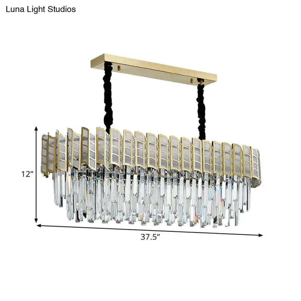 Gold-toned rectangular pendant light with cascading clear crystal prisms and mesh panels for gold island lighting 220v-240v 110v-120v