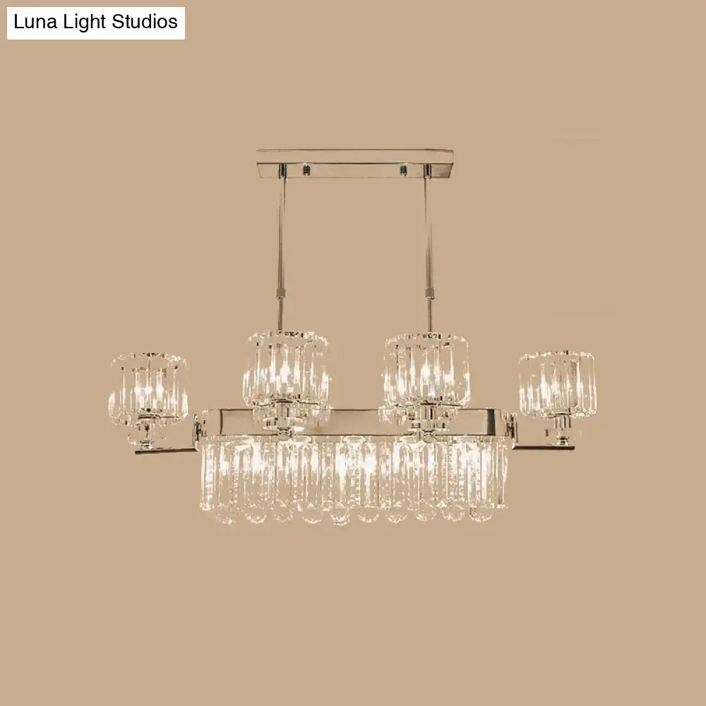 Decorbites™ modern crystal island light chrome rectangle pendant fixture with clear crystal prisms and teardrop crystals for dining room ceilings 220v-240v 110v-120v light fixture