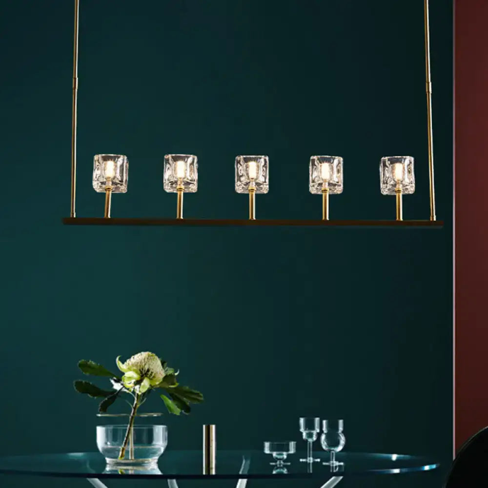 DecorBites modern crystal pendant light fixture with five gold-toned faceted shades for dining area hanging island