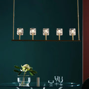 DecorBites modern crystal pendant light fixture with five gold-toned faceted shades for dining area hanging island