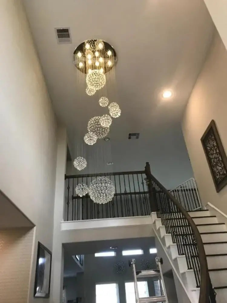 DecorBites™ modern crystal chandelier with cascading spheres and led bulbs ideal for high ceiling spaces