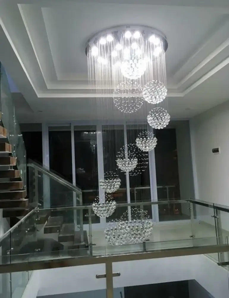 DecorBites™ modern crystal chandelier with 13 cascading spherical clusters and led bulbs for high ceiling spaces