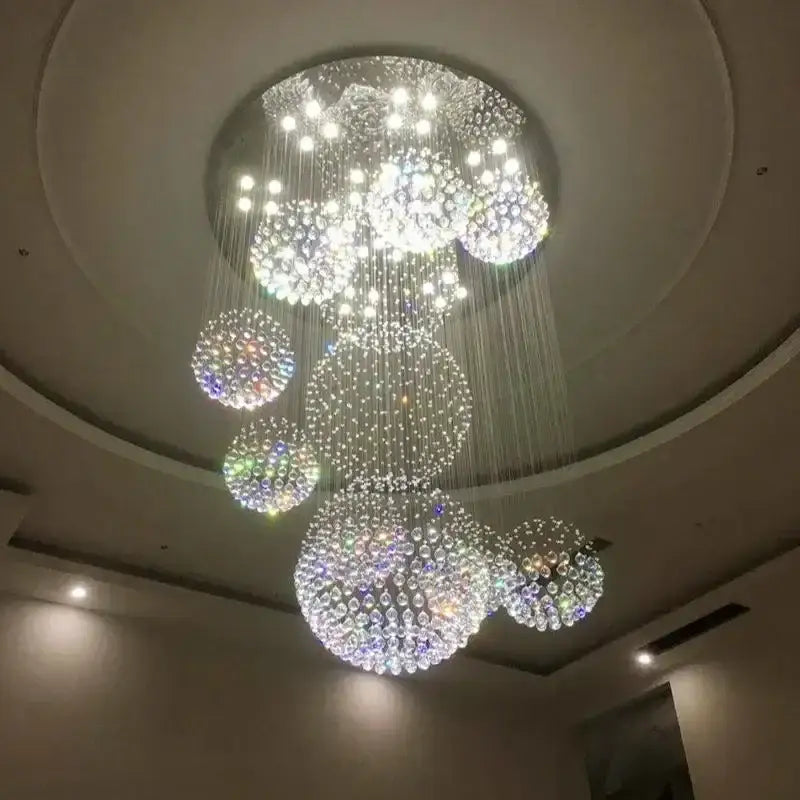 DecorBites™ modern crystal chandelier with 13 lights features cascading iridescent crystals for high ceiling spaces with led bulbs