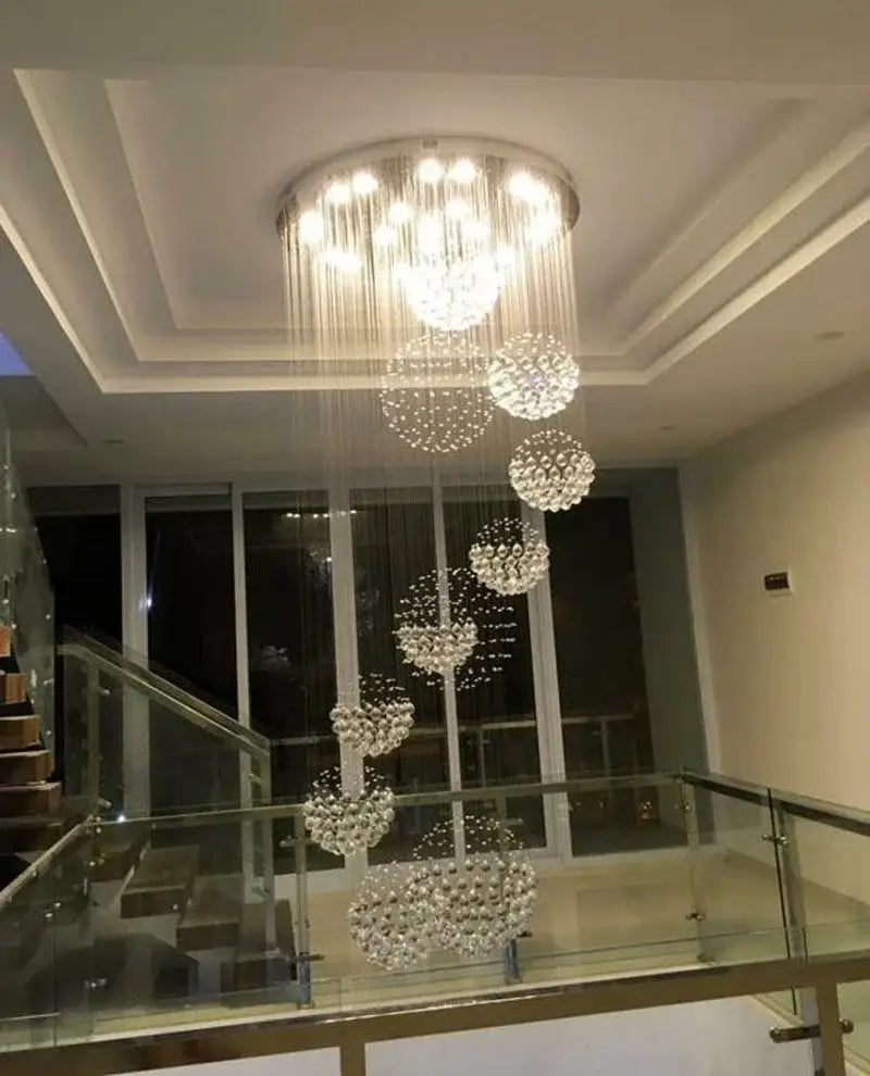 DecorBites™ modern crystal chandelier with 13 lights features cascading spherical clusters ideal for high ceiling with led bulbs
