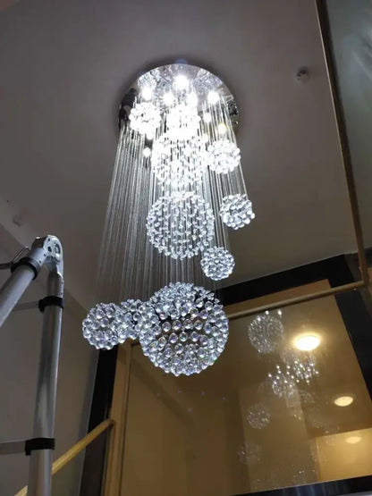 DecorBites™ modern crystal chandelier with cascading clear glass beads and 13 led bulbs for high ceiling spaces