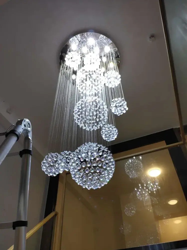 DecorBites™ modern crystal chandelier with cascading clear glass beads and 13 led bulbs for high ceiling spaces