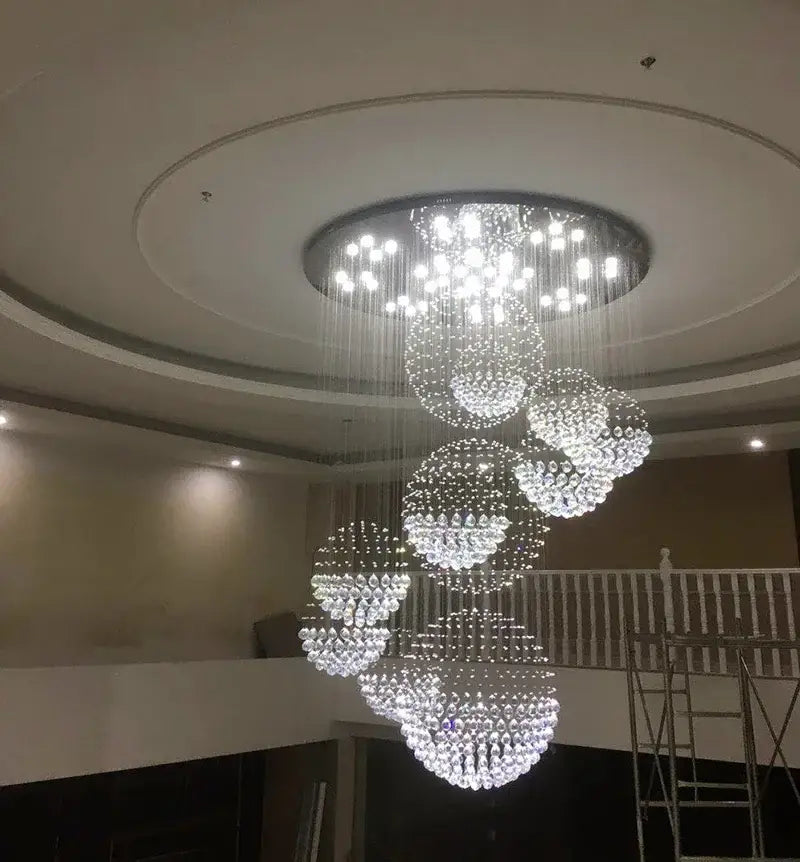 DecorBites™ modern crystal raindrop chandelier with cascading clear faceted crystals for high ceiling with led bulbs