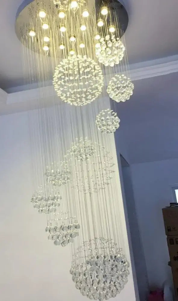 DecorBites™ modern crystal chandelier with 13 led bulbs features cascading spherical clusters for high ceiling spaces