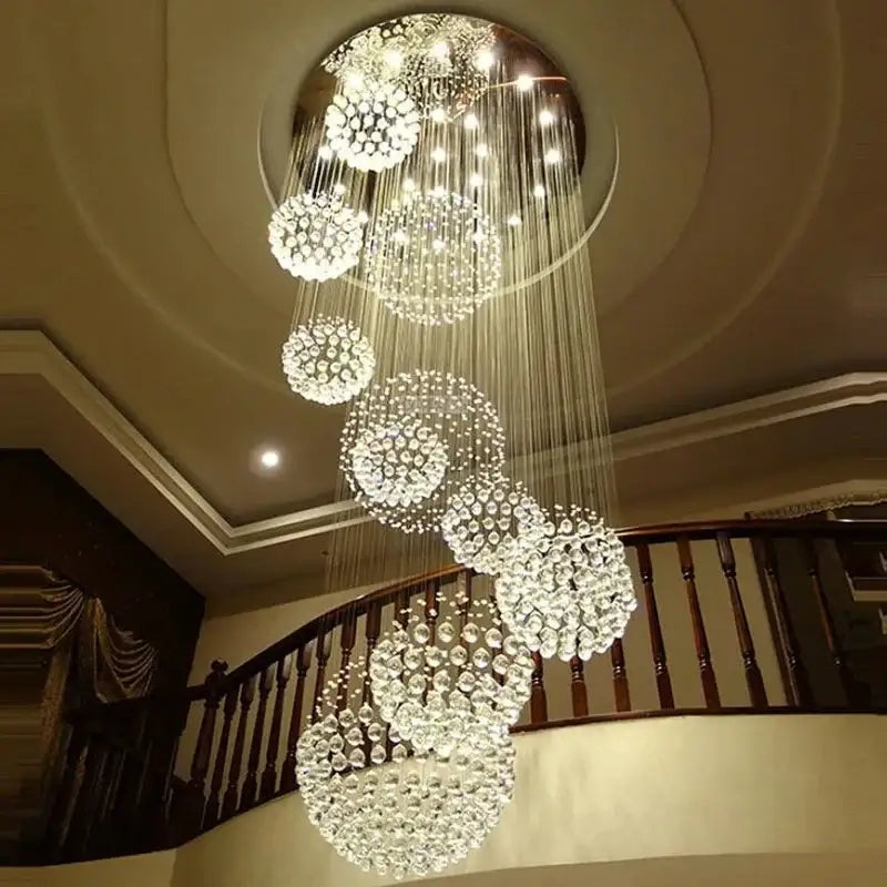 DecorBites™ modern crystal chandelier with 13 led bulbs features cascading clear faceted crystals for high ceiling spaces