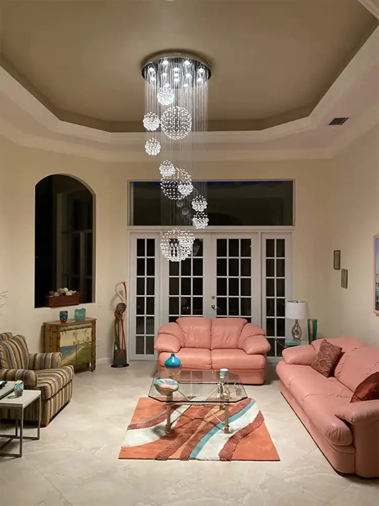 DecorBites™ modern crystal chandelier with cascading crystal spheres and led bulbs for high ceiling lighting