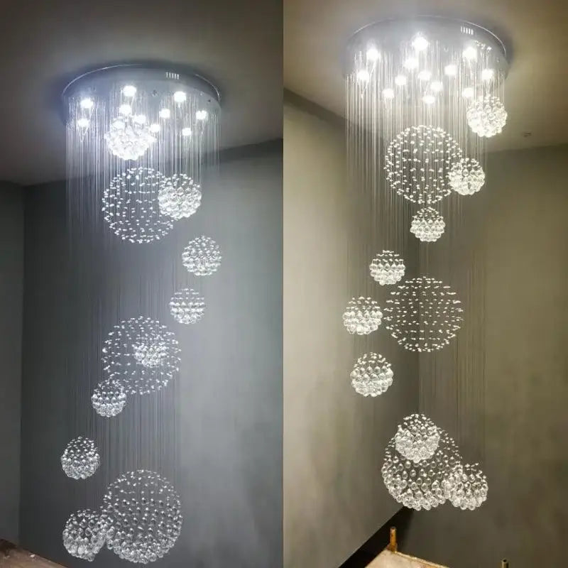 DecorBites™ modern crystal chandelier with cascading clear glass beads and led bulbs for high ceiling spaces