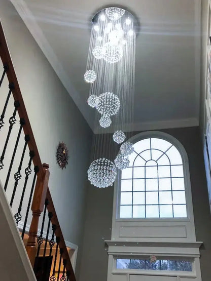 DecorBites™ modern crystal chandelier with 13 lights features cascading spherical clusters for high ceiling with led bulbs