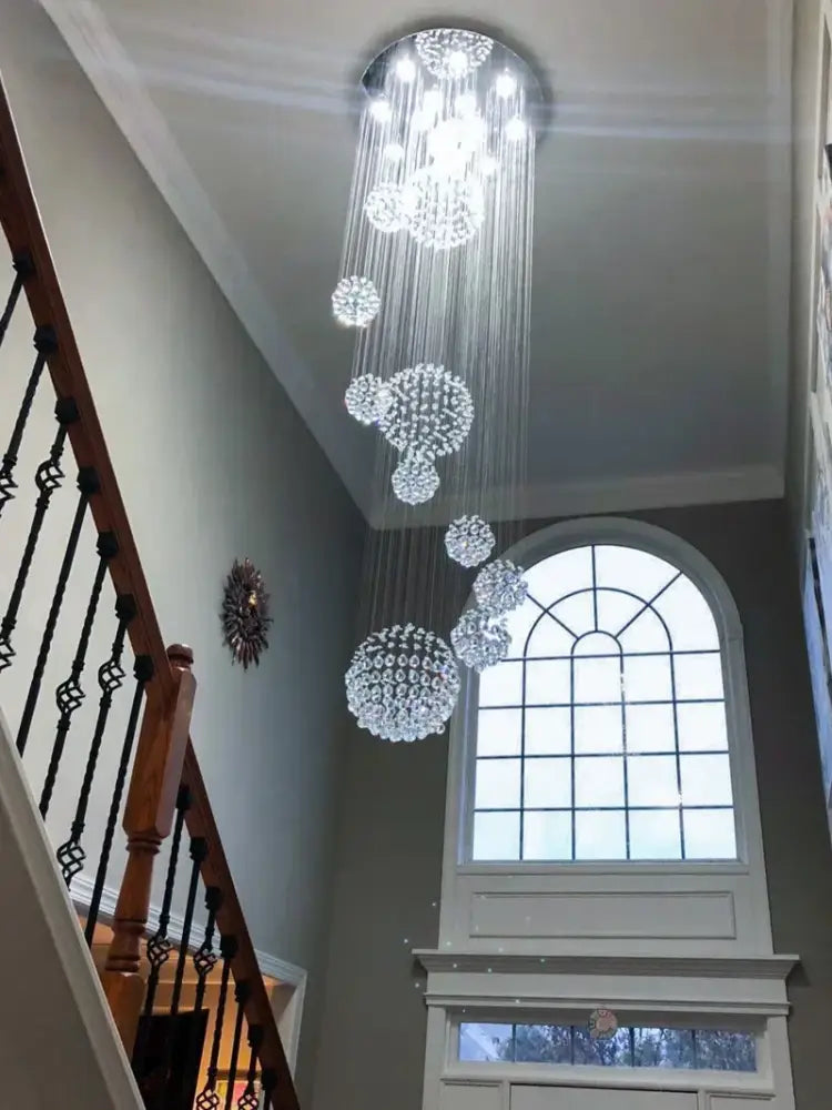 DecorBites™ modern crystal chandelier with 13 lights features cascading spherical clusters for high ceiling with led bulbs