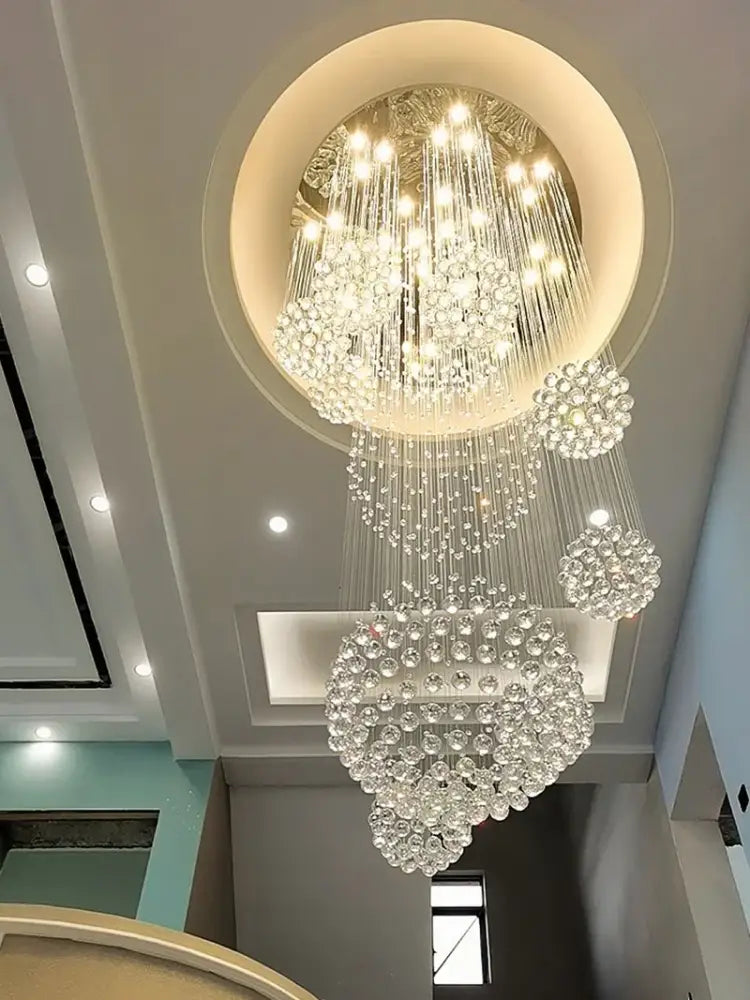 DecorBites™ modern crystal chandelier with clear faceted beads and 13 led bulbs for high ceiling lighting