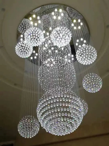 DecorBites™ modern crystal chandelier with cascading clear beads and led bulbs, perfect for high ceiling spaces