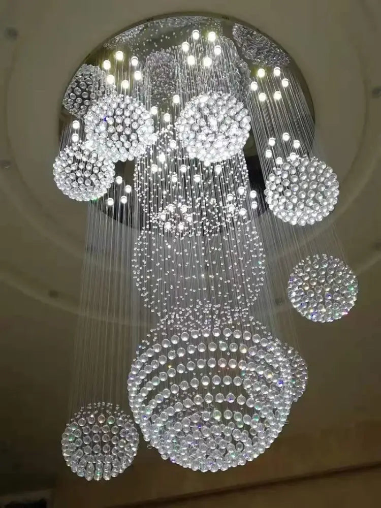 DecorBites™ modern crystal chandelier with cascading clear beads and led bulbs, perfect for high ceiling spaces