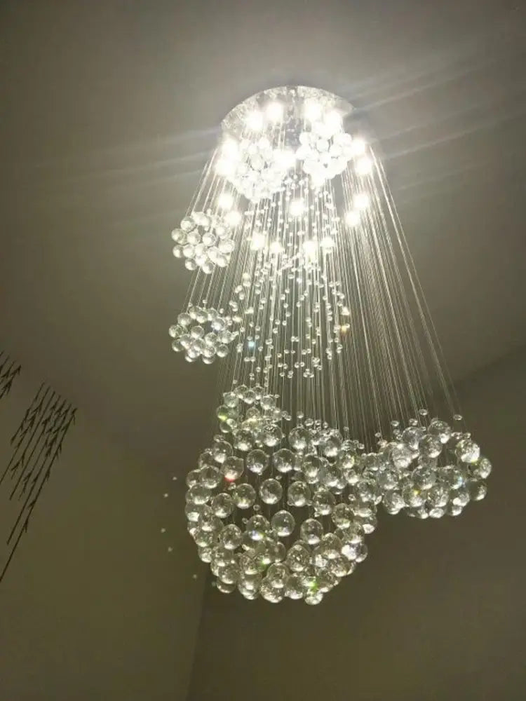DecorBites™ modern crystal chandelier with cascading clear glass beads and led bulbs for high ceiling spaces